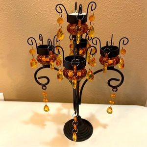 Gothic Wrought Cast Iron Candelabra Sconce Vintage Candle Holder w Crystal Beads